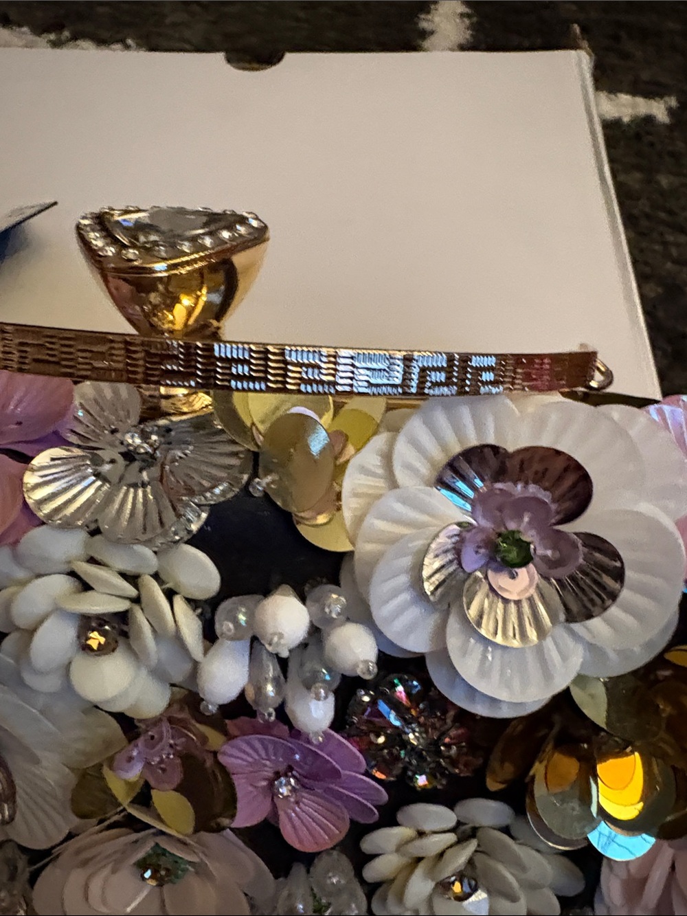 NEW BEBE  Multicolor Floral Sequin Embellished Evening Clutch with Gold Handle - Picture 7 of 14